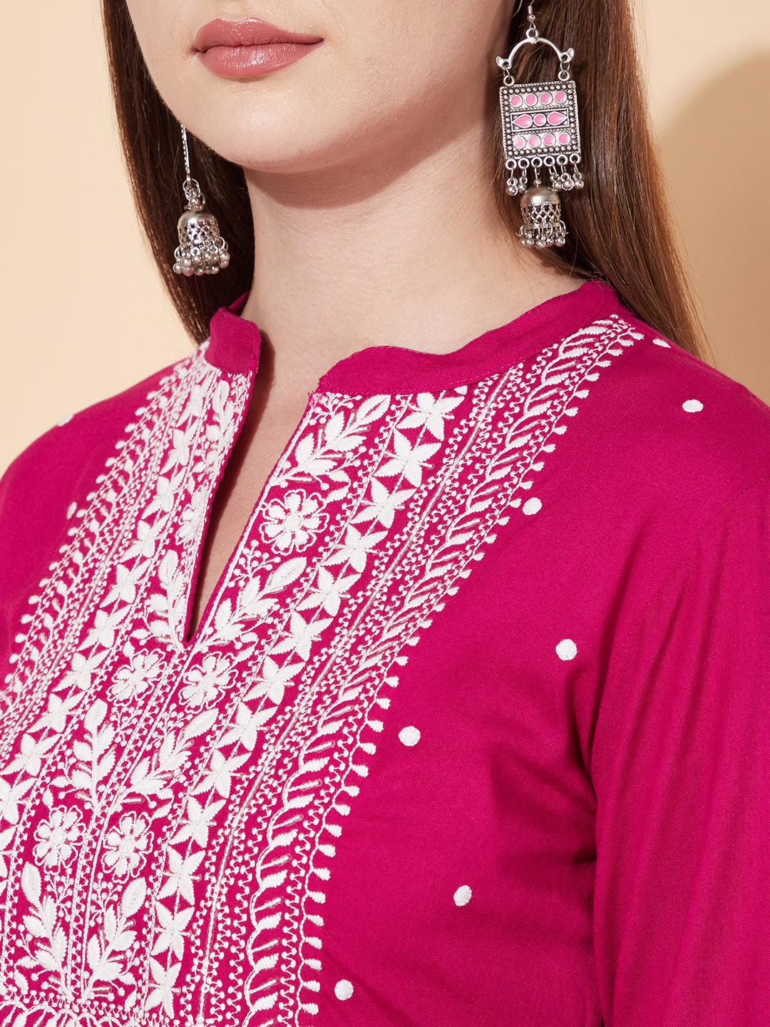 Floral Chikankari Embroidered Straight Fit Kurta - Magenta Pink - Indiakreations