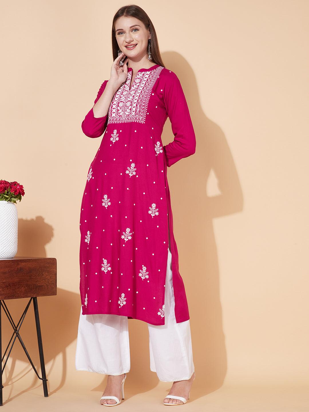 Floral Chikankari Embroidered Straight Fit Kurta - Magenta Pink - Indiakreations