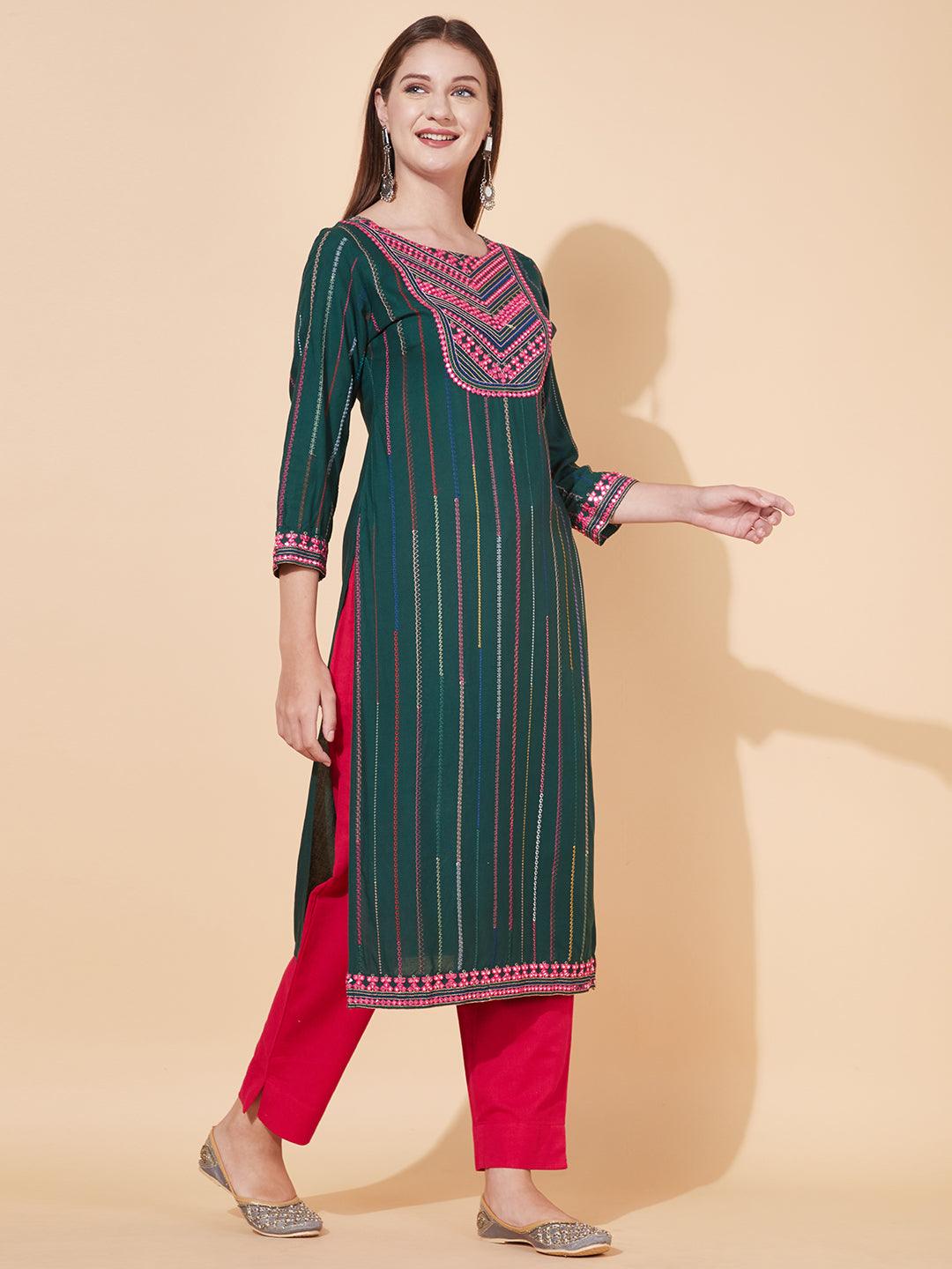 Ethnic Embroidered Straight Fit Kurta - Dark Green - Indiakreations