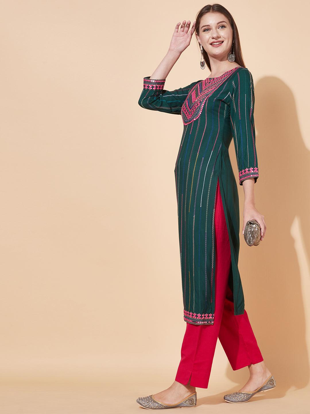 Ethnic Embroidered Straight Fit Kurta - Dark Green - Indiakreations