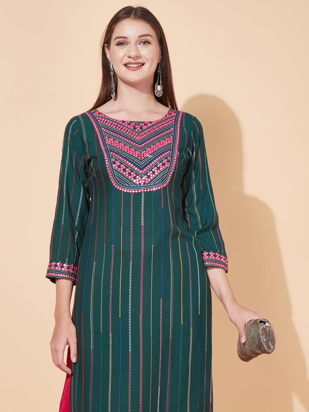 Ethnic Embroidered Straight Fit Kurta - Dark Green - Indiakreations