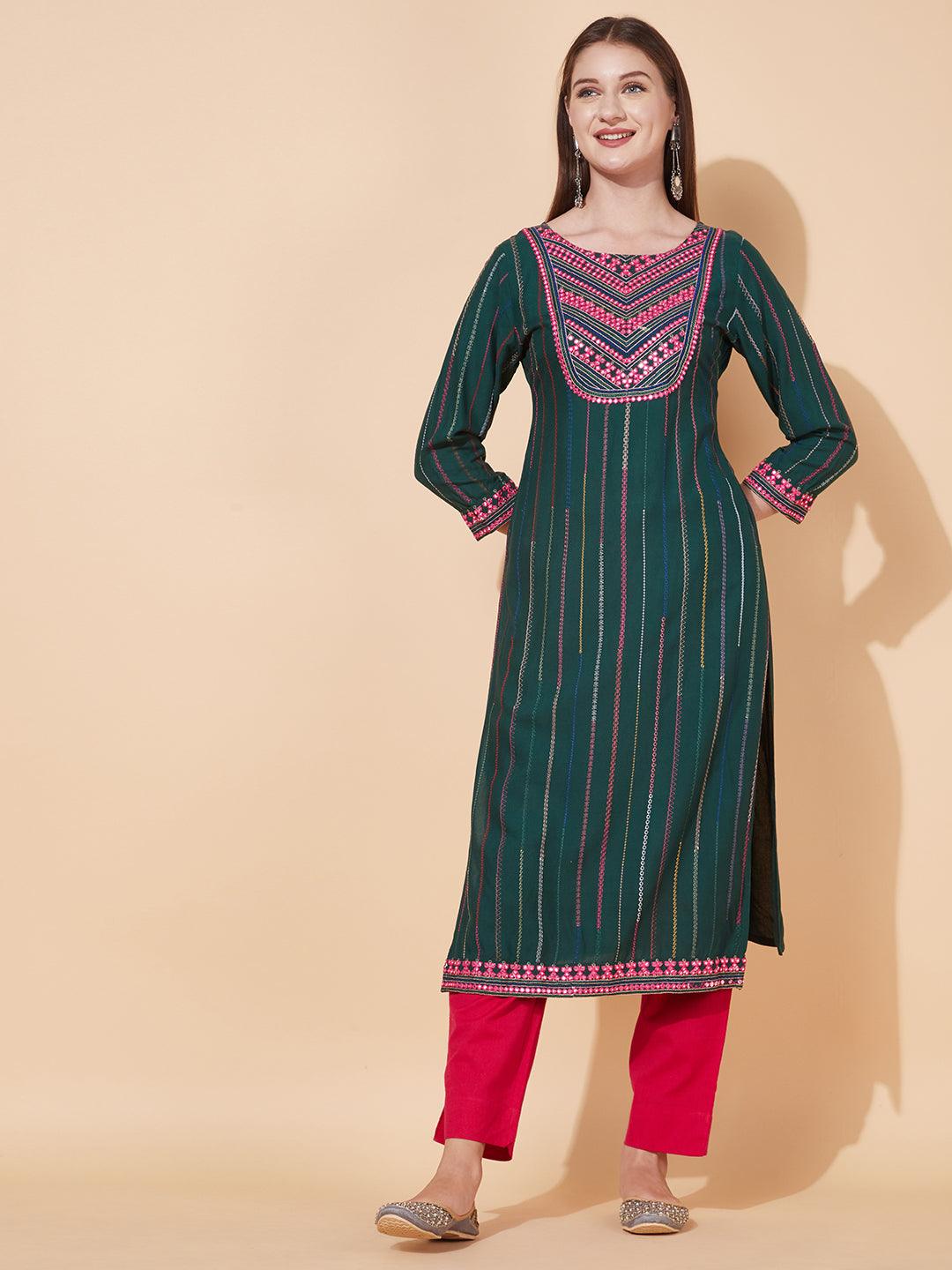 Ethnic Embroidered Straight Fit Kurta - Dark Green - Indiakreations