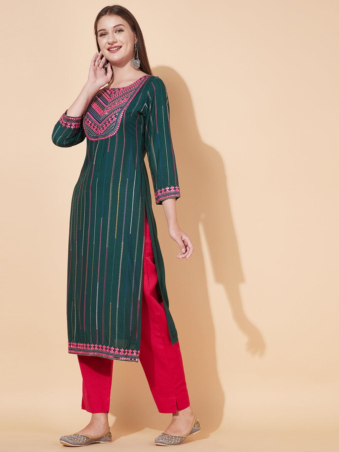 Ethnic Embroidered Straight Fit Kurta - Dark Green - Indiakreations