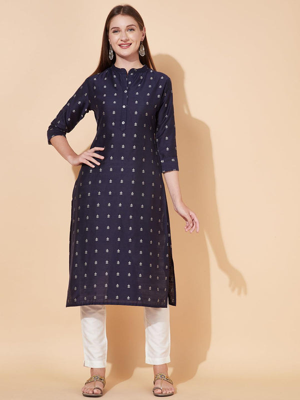 Ethnic Printed Straight Fit Kurta - Deep Violet - Indiakreations