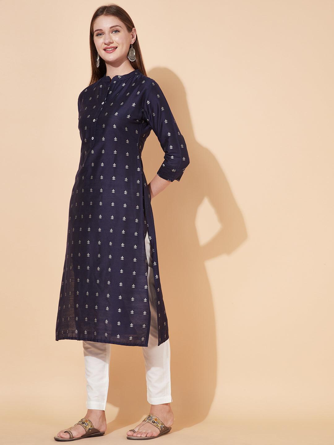 Ethnic Printed Straight Fit Kurta - Deep Violet - Indiakreations