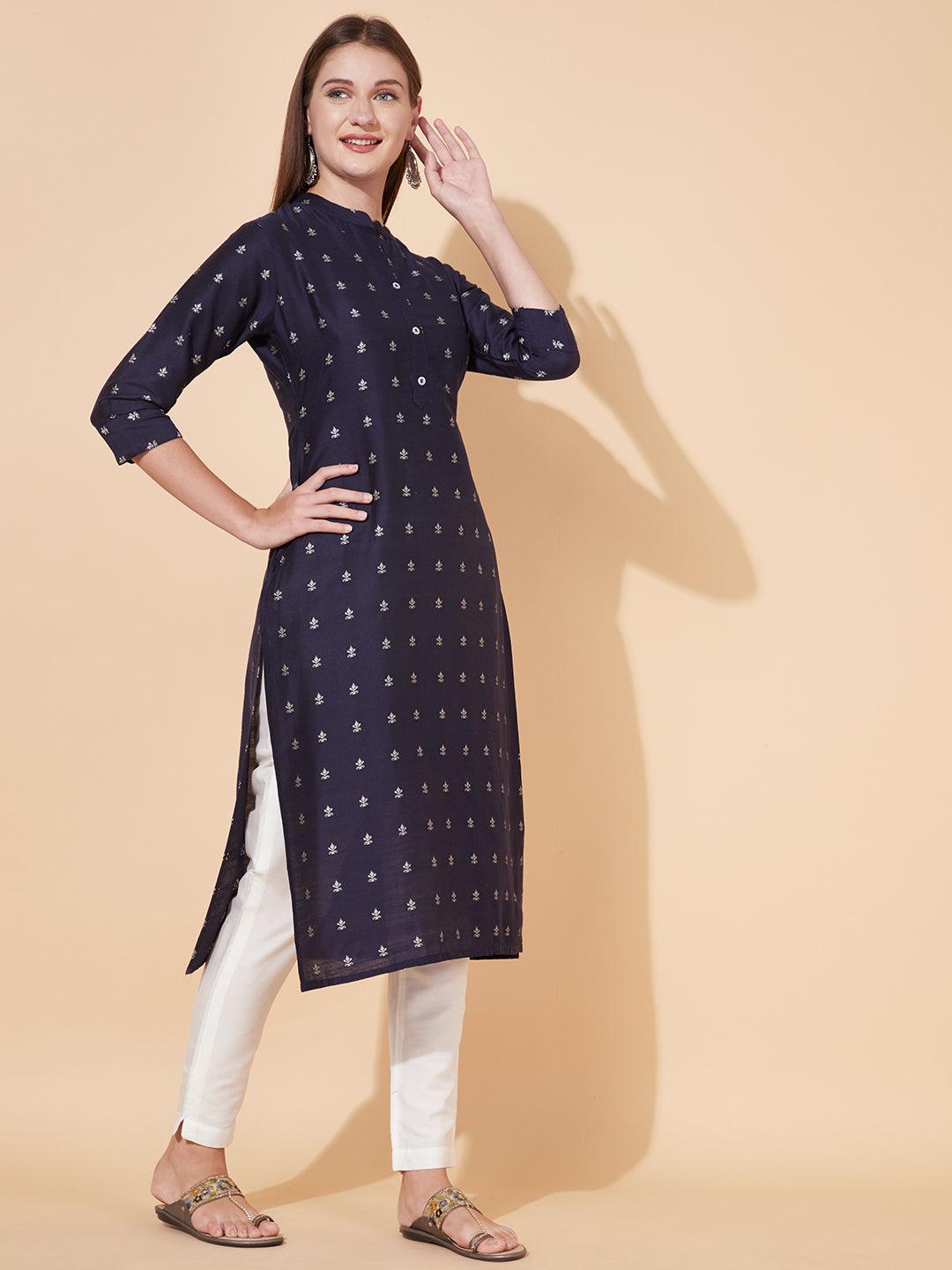 Ethnic Printed Straight Fit Kurta - Deep Violet - Indiakreations