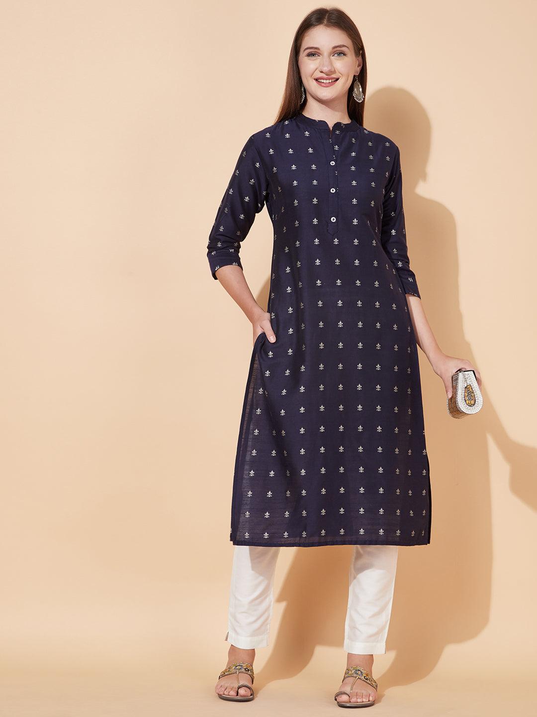 Ethnic Printed Straight Fit Kurta - Deep Violet - Indiakreations