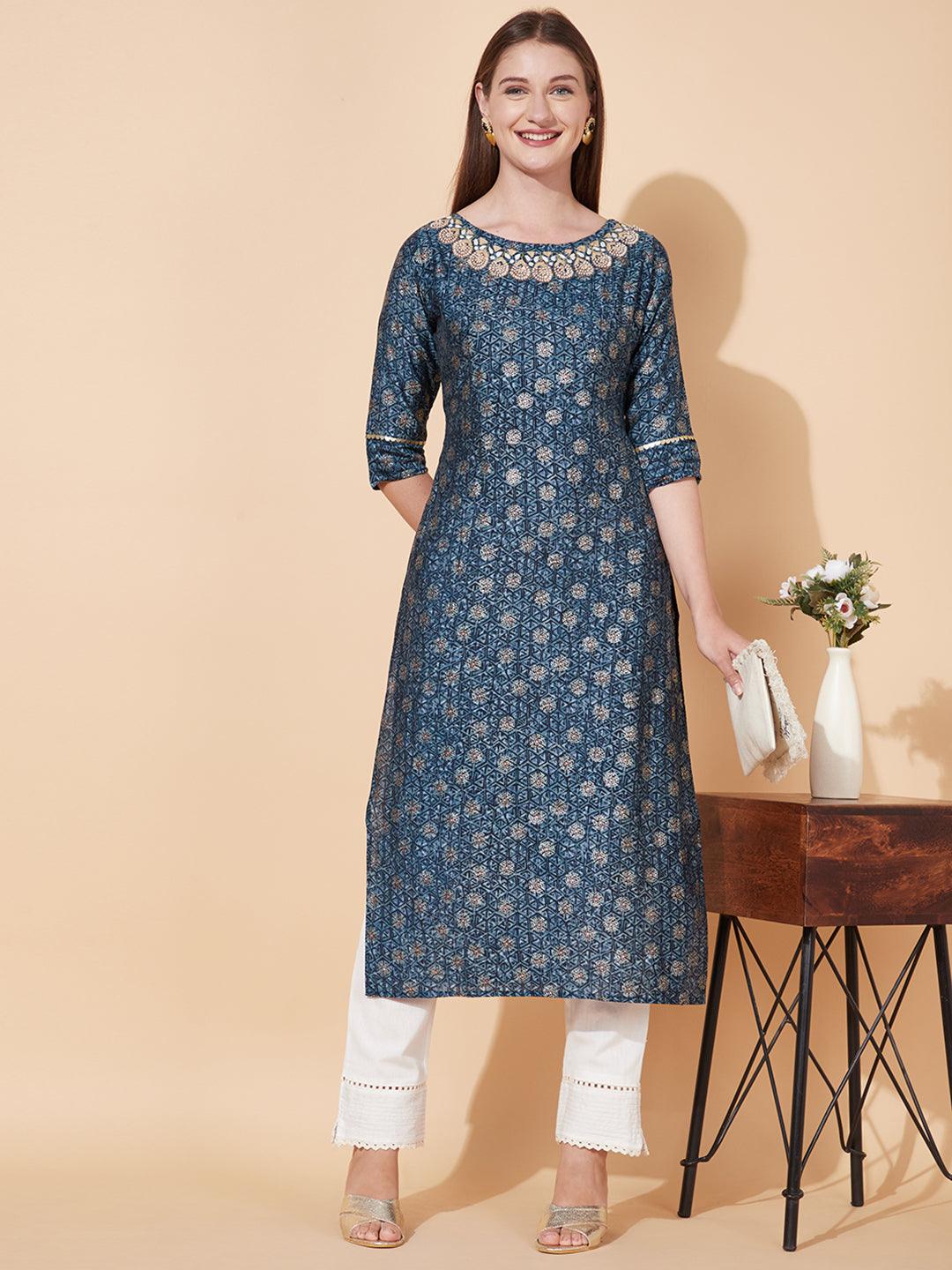 Ethnic Printed & Hand Embroidered Straight Fit Kurta - Blue - Indiakreations