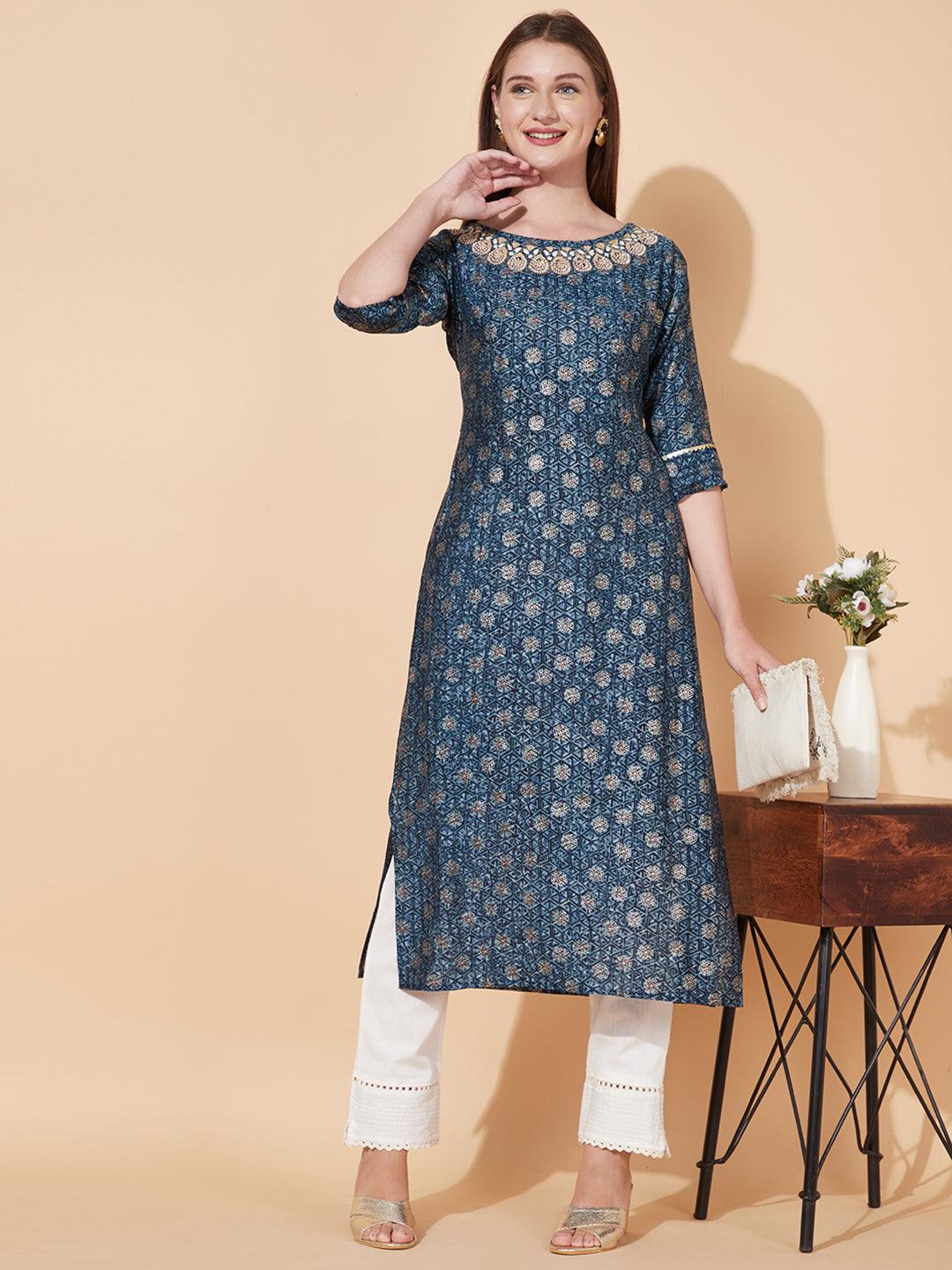 Ethnic Printed & Hand Embroidered Straight Fit Kurta - Blue - Indiakreations