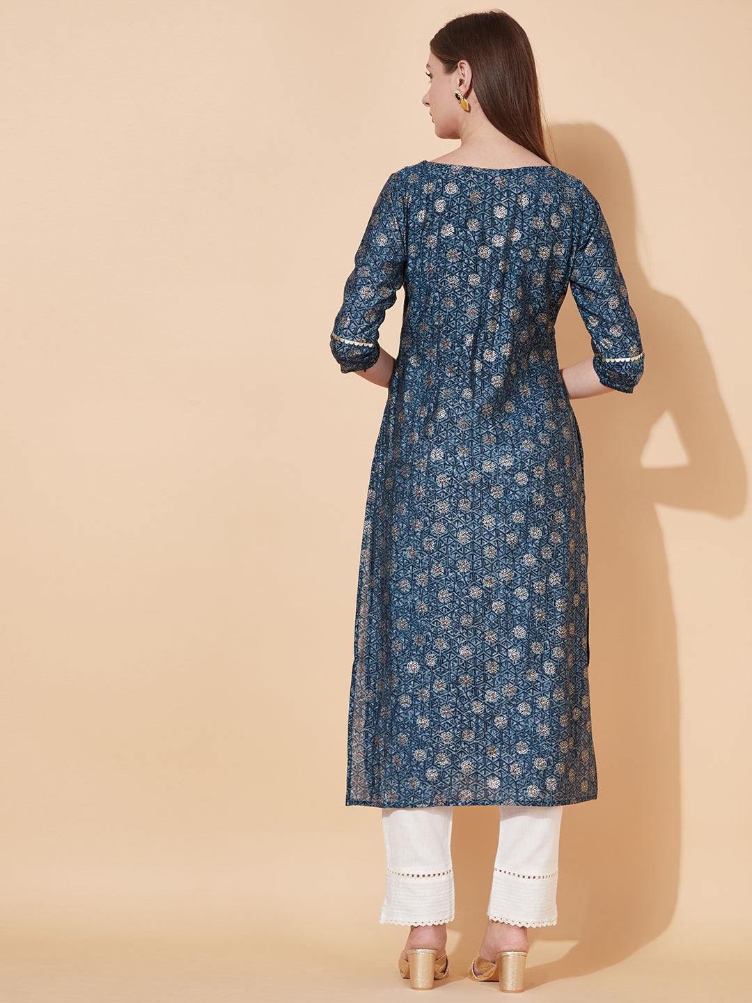 Ethnic Printed & Hand Embroidered Straight Fit Kurta - Blue - Indiakreations