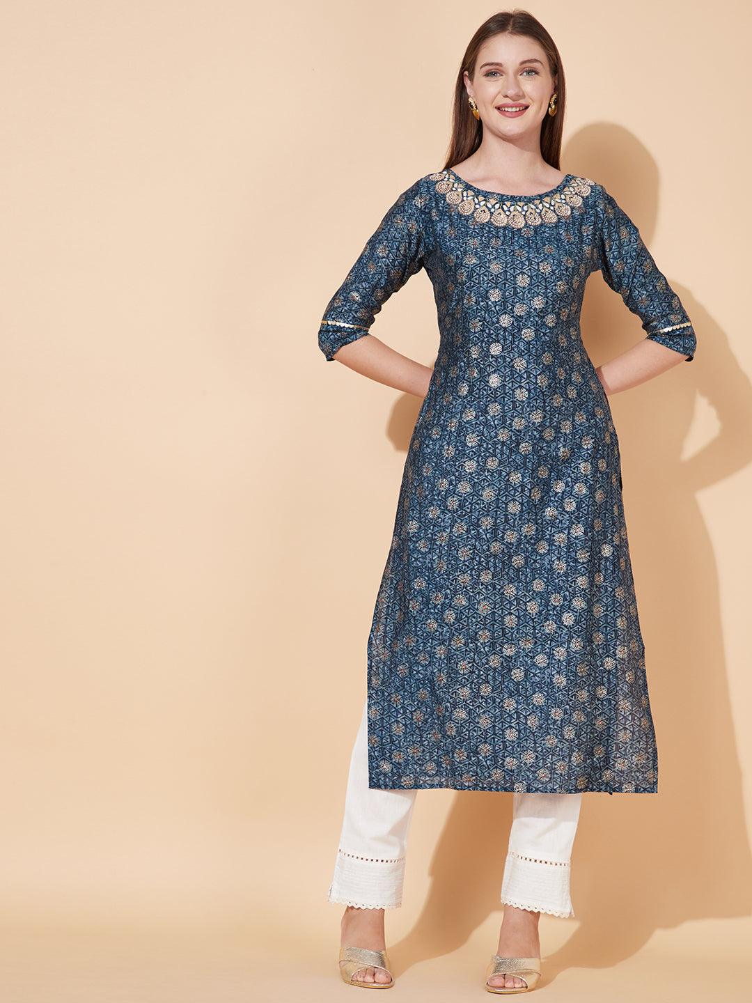 Ethnic Printed & Hand Embroidered Straight Fit Kurta - Blue - Indiakreations