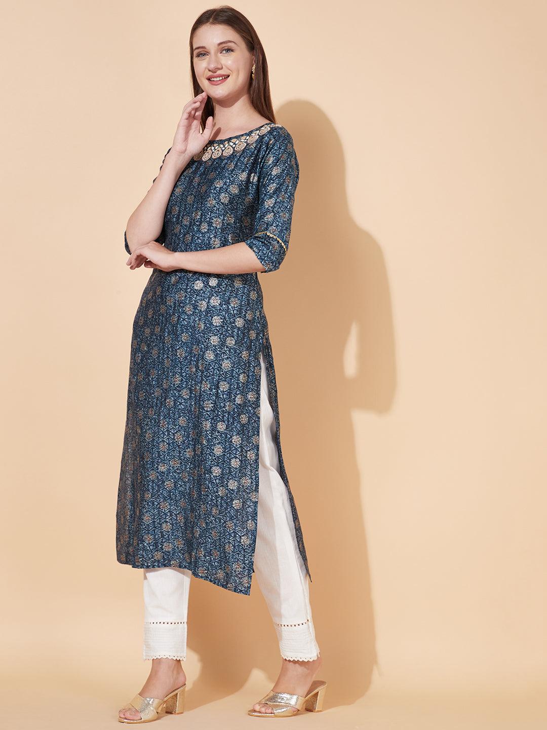 Ethnic Printed & Hand Embroidered Straight Fit Kurta - Blue - Indiakreations