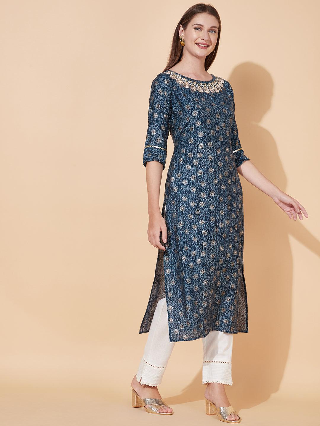 Ethnic Printed & Hand Embroidered Straight Fit Kurta - Blue - Indiakreations