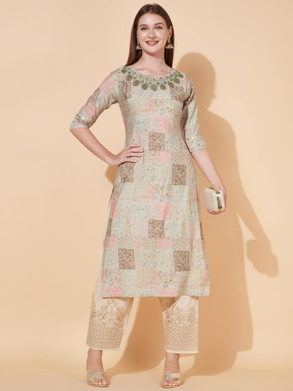 Ethnic Printed & Hand Embroidered Straight Fit Kurta - Pastel Green - Indiakreations