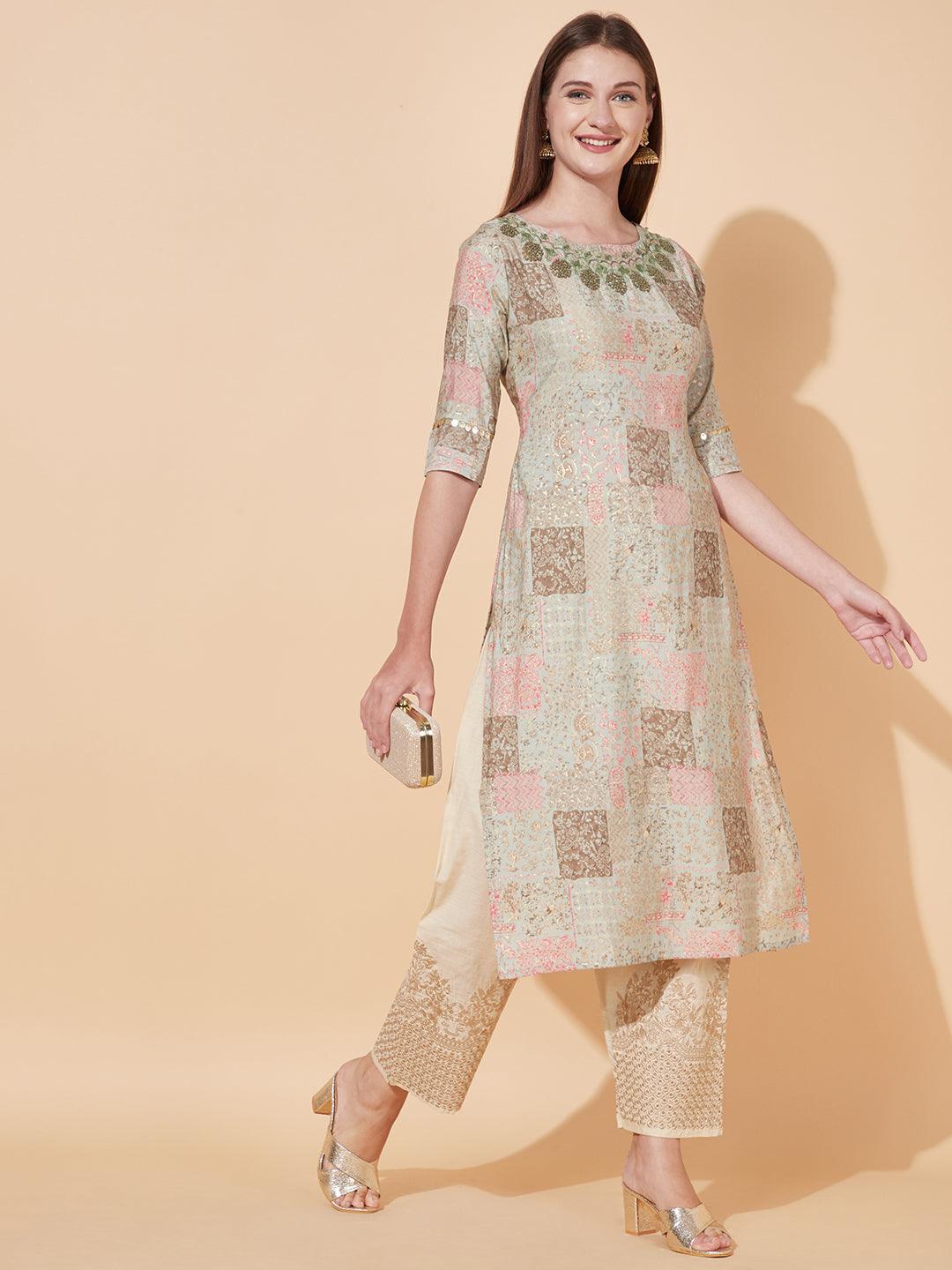 Ethnic Printed & Hand Embroidered Straight Fit Kurta - Pastel Green - Indiakreations