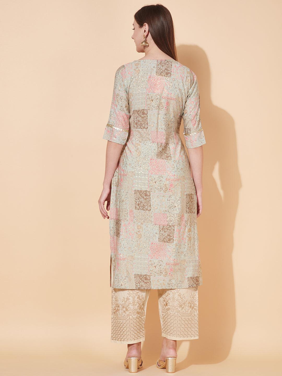 Ethnic Printed & Hand Embroidered Straight Fit Kurta - Pastel Green - Indiakreations