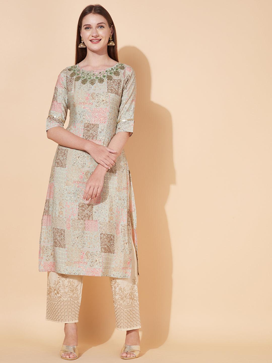 Ethnic Printed & Hand Embroidered Straight Fit Kurta - Pastel Green - Indiakreations