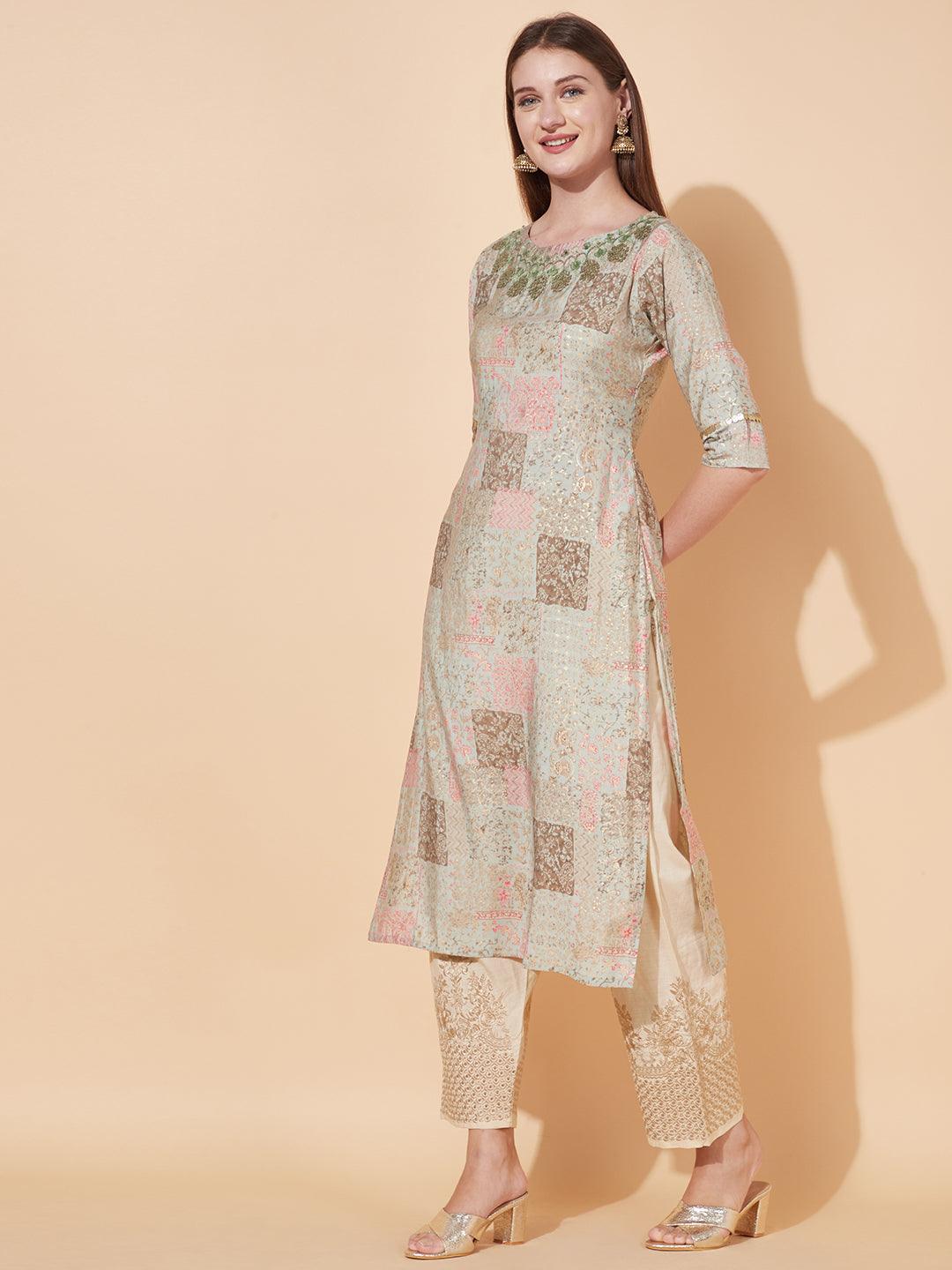 Ethnic Printed & Hand Embroidered Straight Fit Kurta - Pastel Green - Indiakreations