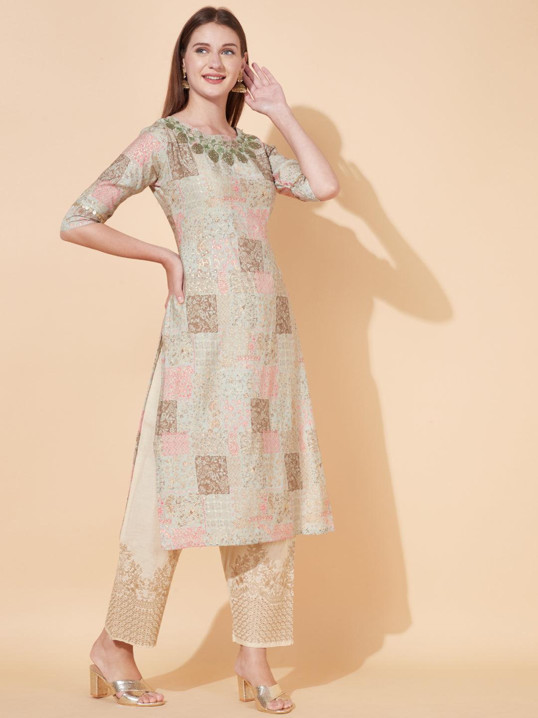 Ethnic Printed & Hand Embroidered Straight Fit Kurta - Pastel Green - Indiakreations