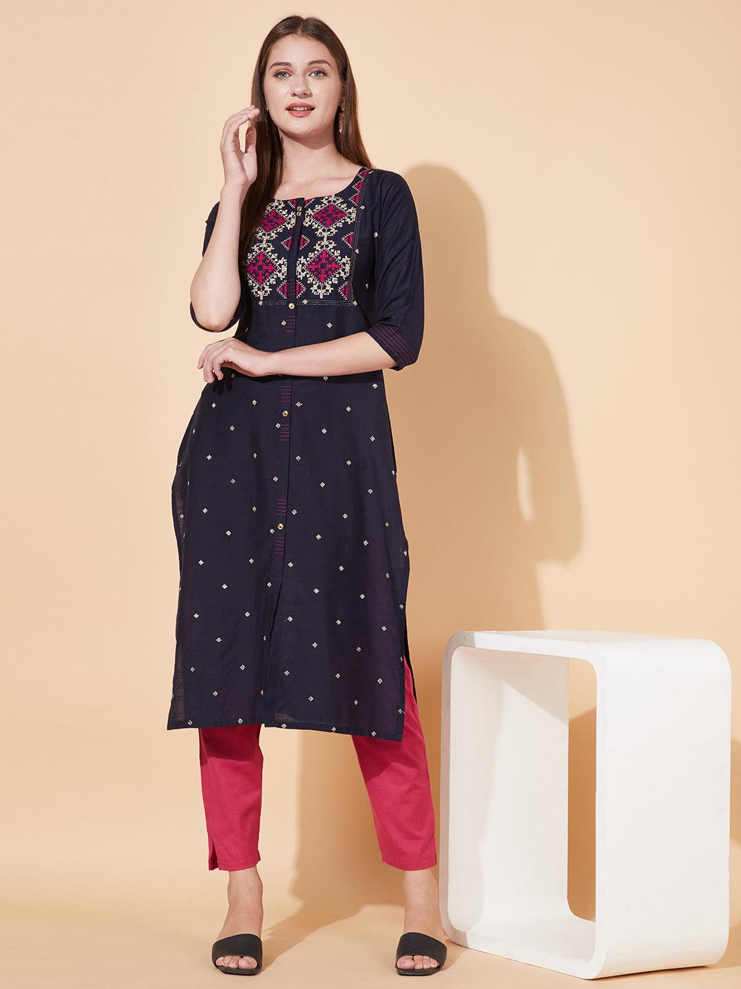 Ethnic Embroidered Straight Fit Kurta - Deep Navy Blue - Indiakreations