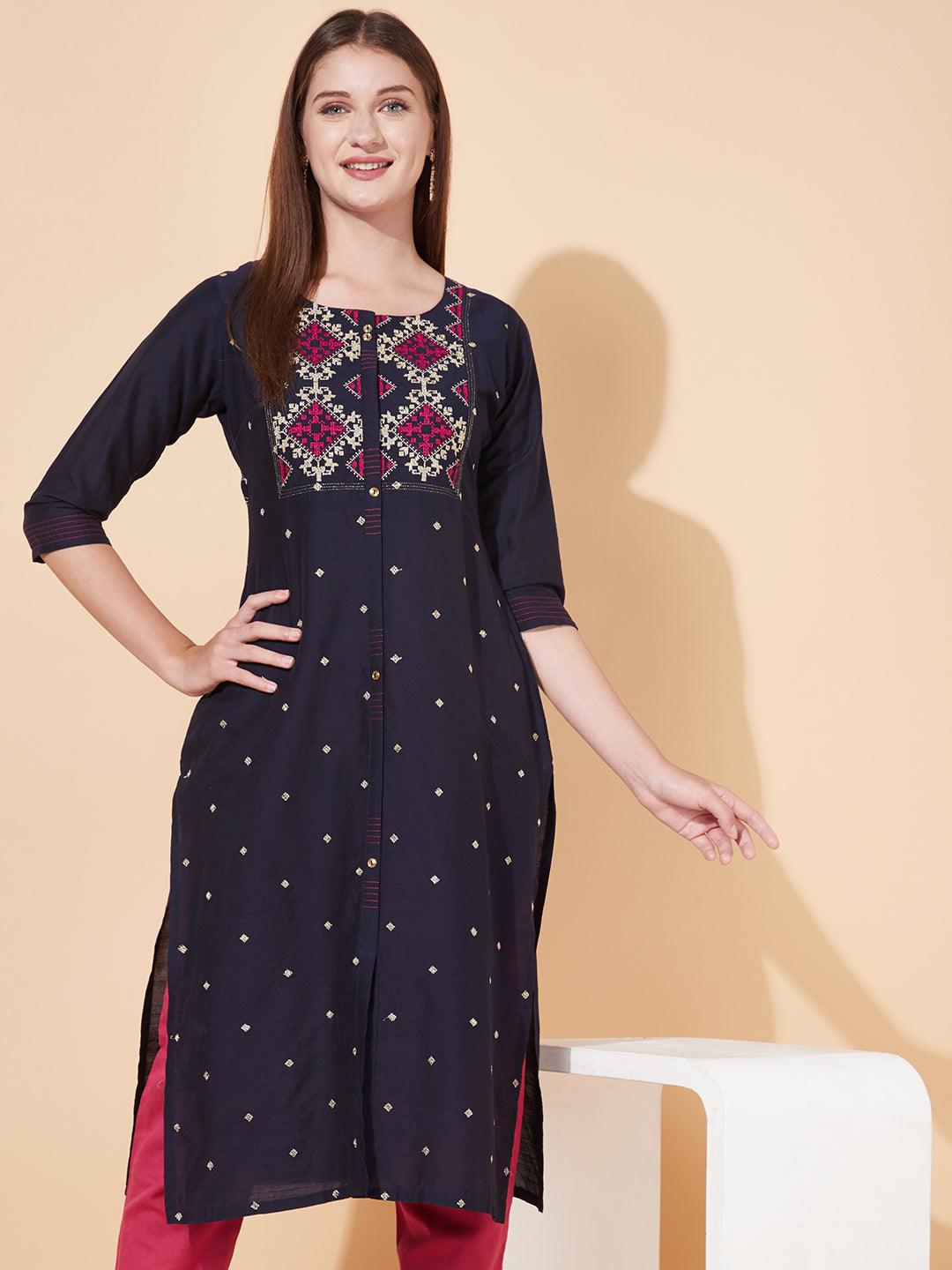 Ethnic Embroidered Straight Fit Kurta - Deep Navy Blue - Indiakreations