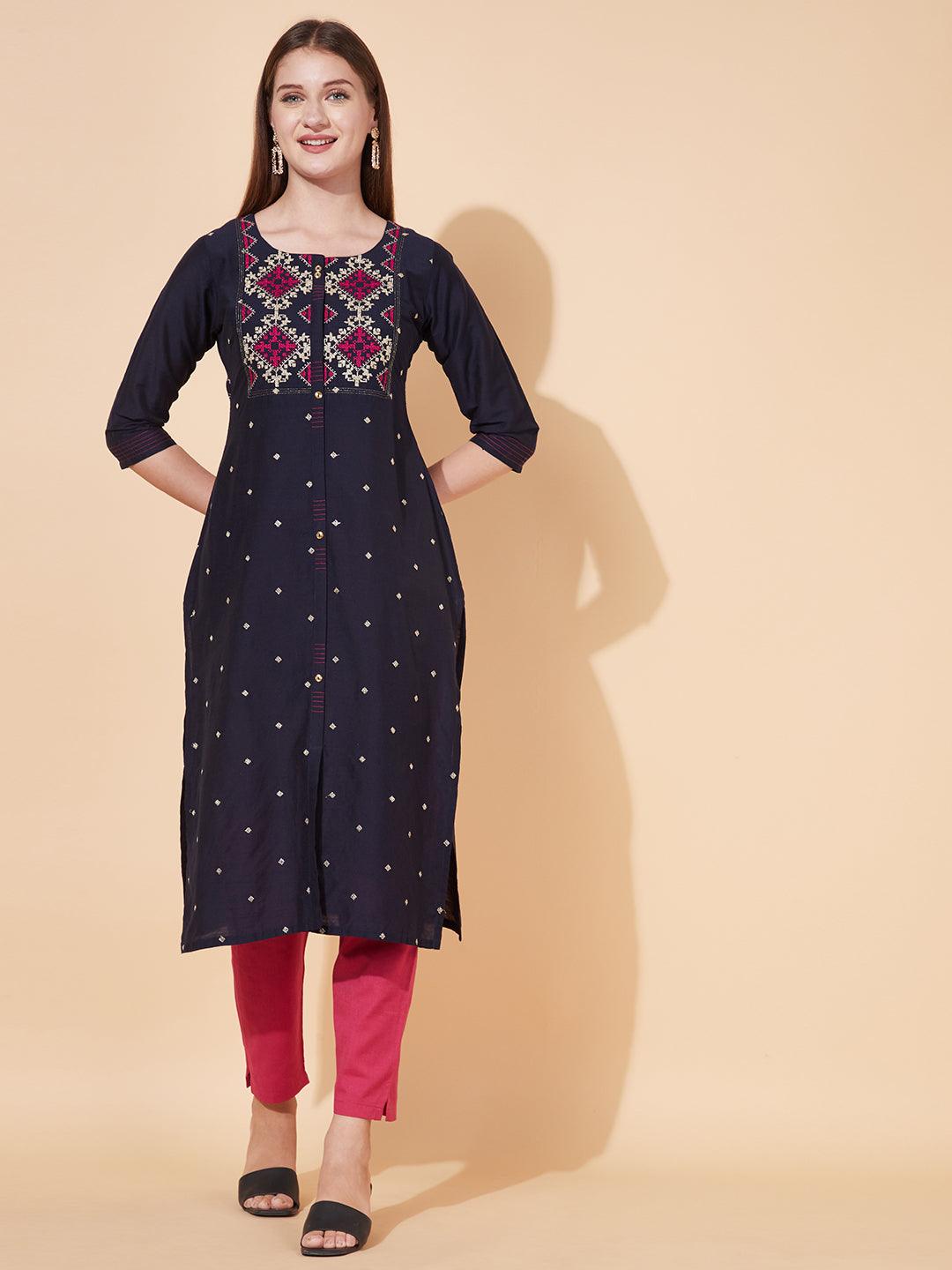 Ethnic Embroidered Straight Fit Kurta - Deep Navy Blue - Indiakreations