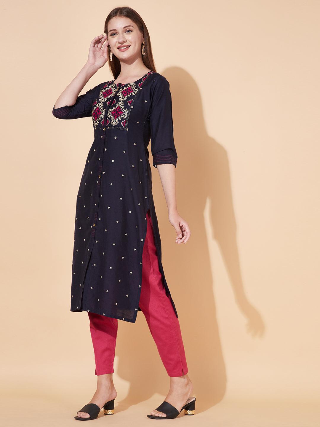 Ethnic Embroidered Straight Fit Kurta - Deep Navy Blue - Indiakreations