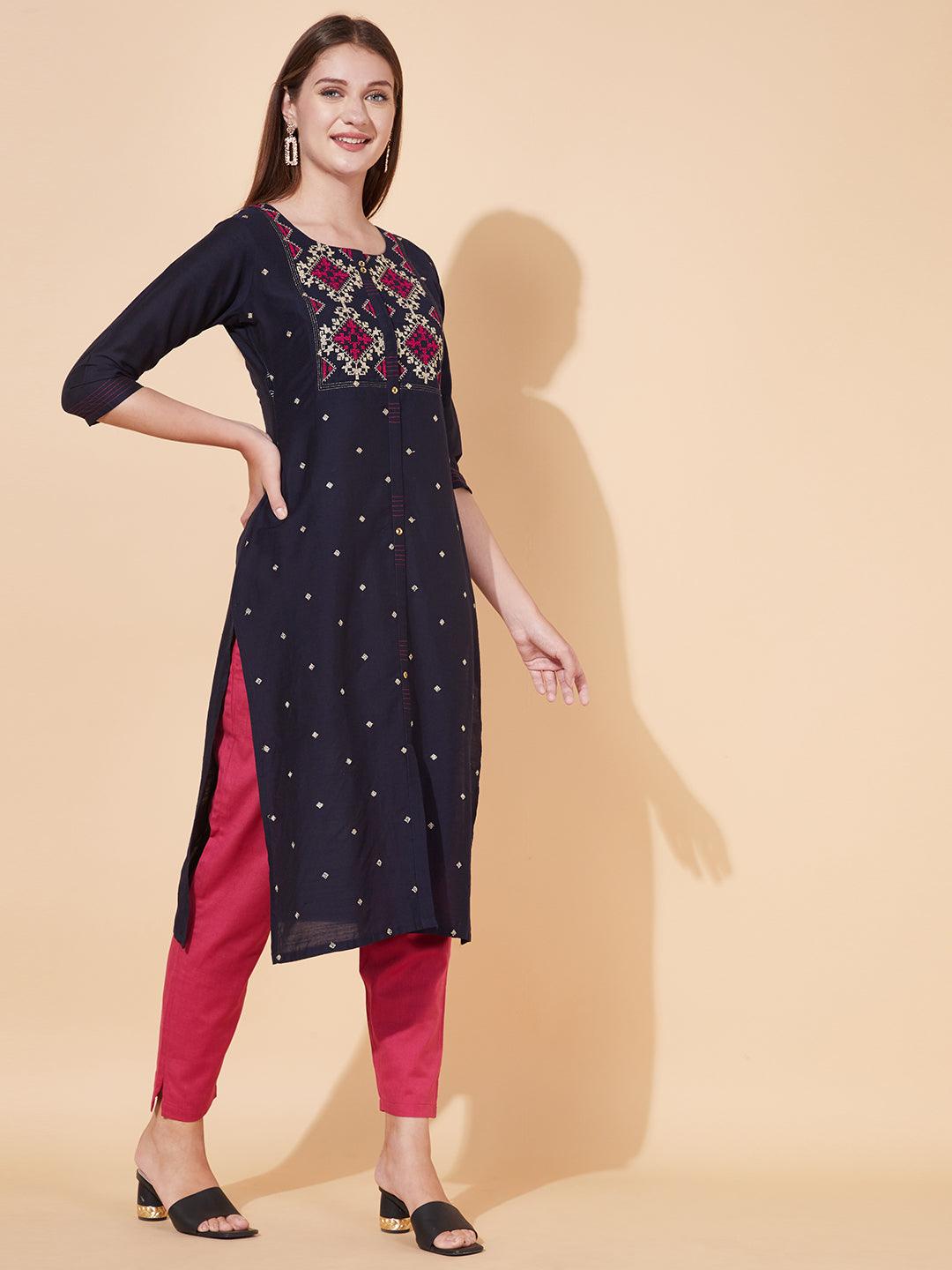 Ethnic Embroidered Straight Fit Kurta - Deep Navy Blue - Indiakreations