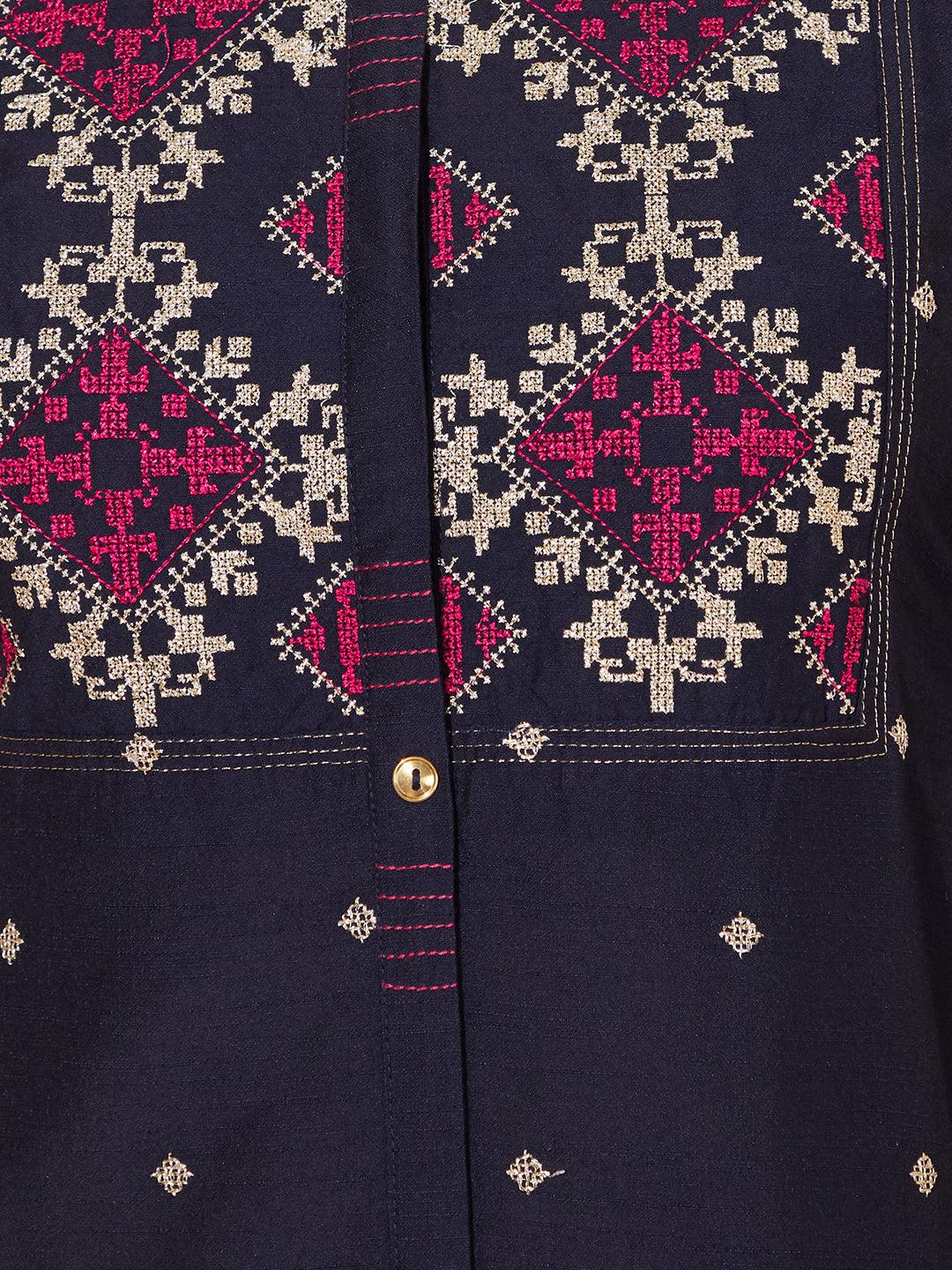 Ethnic Embroidered Straight Fit Kurta - Deep Navy Blue - Indiakreations