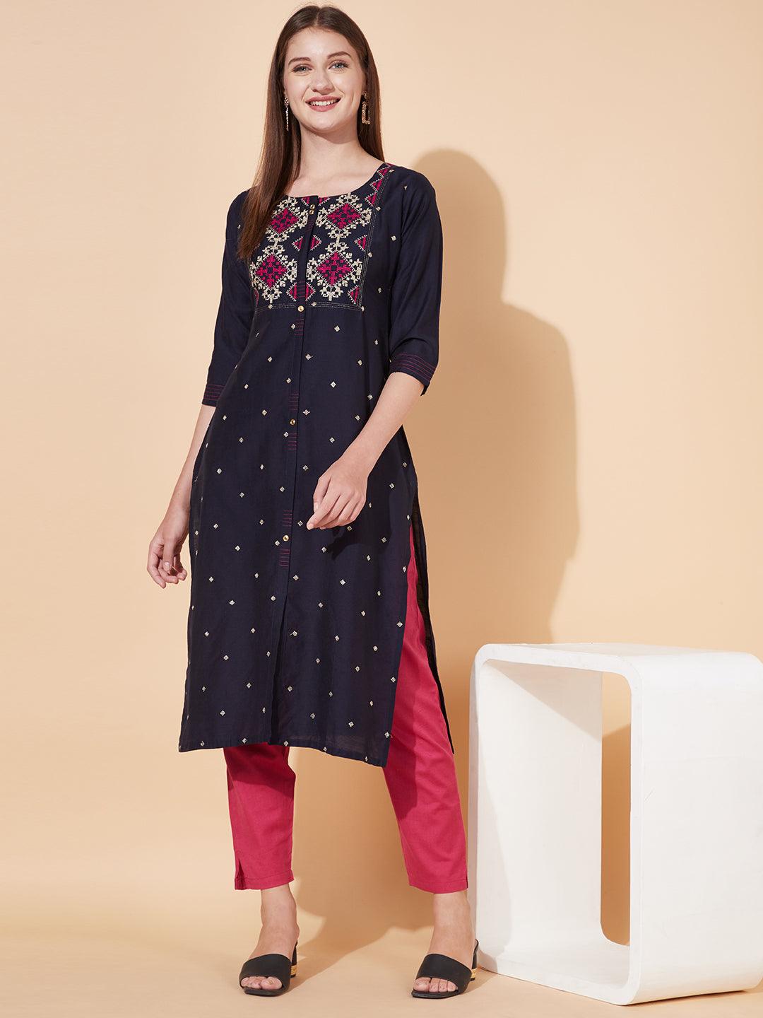 Ethnic Embroidered Straight Fit Kurta - Deep Navy Blue - Indiakreations