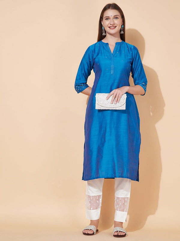 Ethnic Hand Embroidered Straight Fit Kurta - Blue - Indiakreations