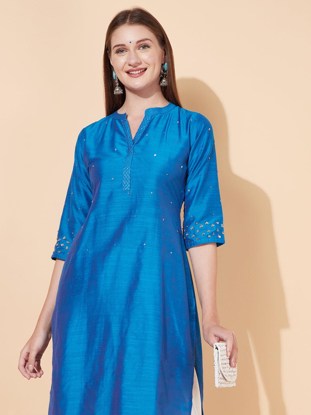 Ethnic Hand Embroidered Straight Fit Kurta - Blue - Indiakreations