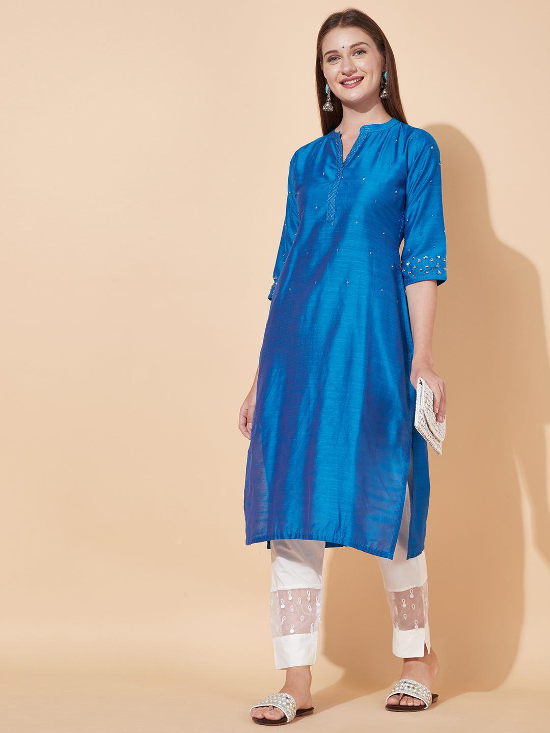 Ethnic Hand Embroidered Straight Fit Kurta - Blue - Indiakreations