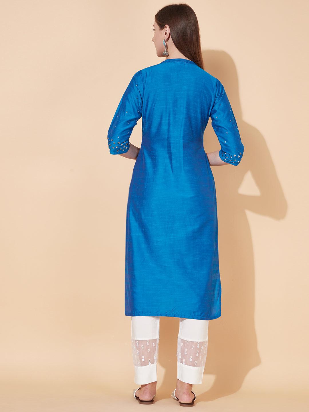 Ethnic Hand Embroidered Straight Fit Kurta - Blue - Indiakreations