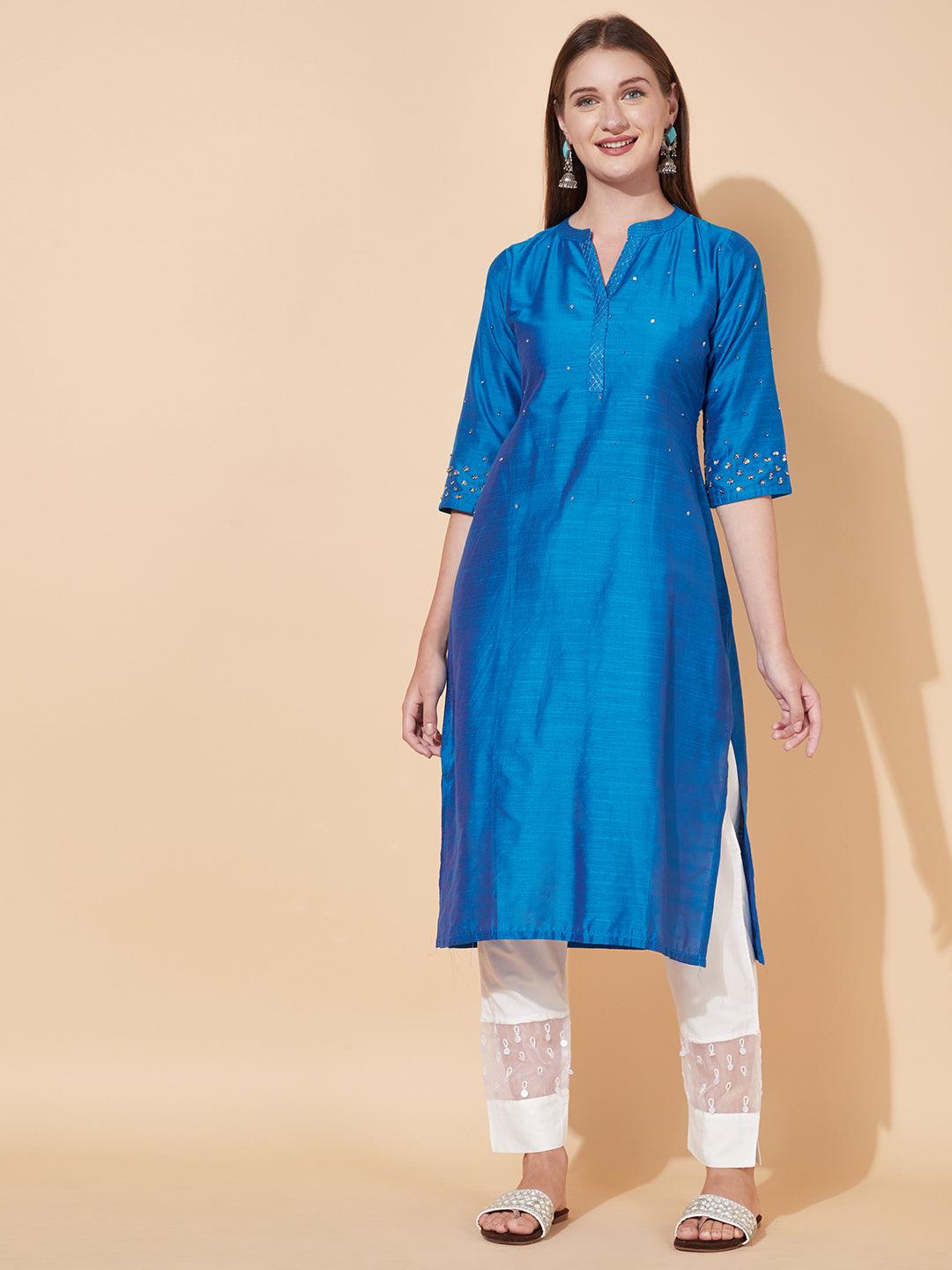 Ethnic Hand Embroidered Straight Fit Kurta - Blue - Indiakreations