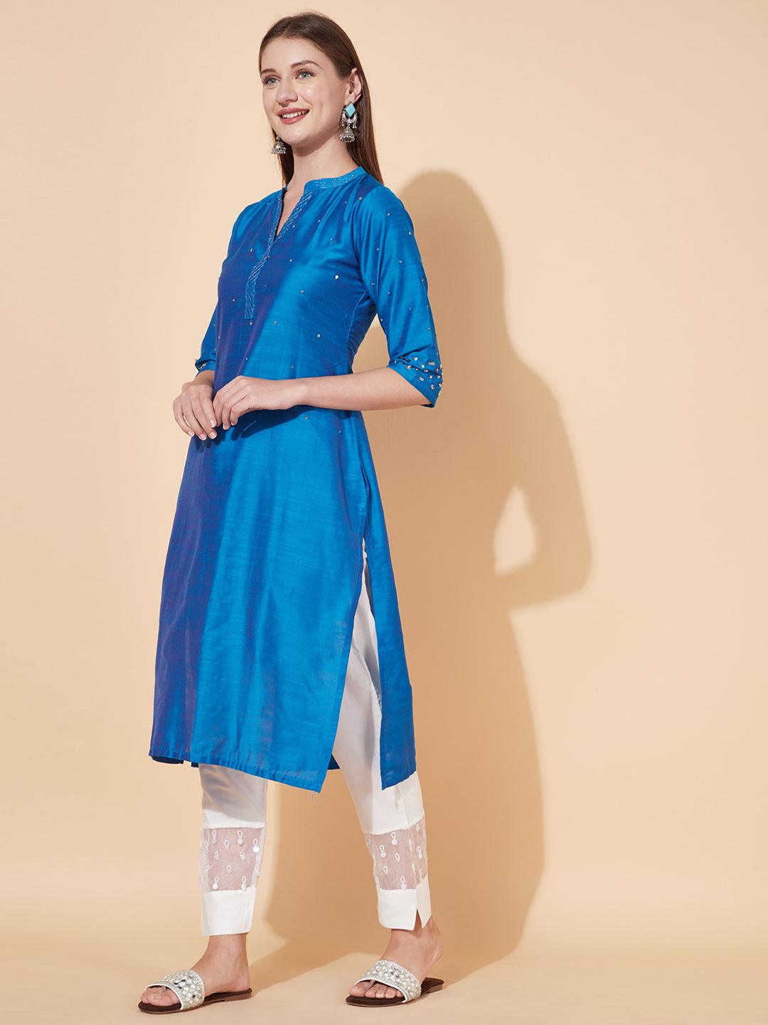 Ethnic Hand Embroidered Straight Fit Kurta - Blue - Indiakreations