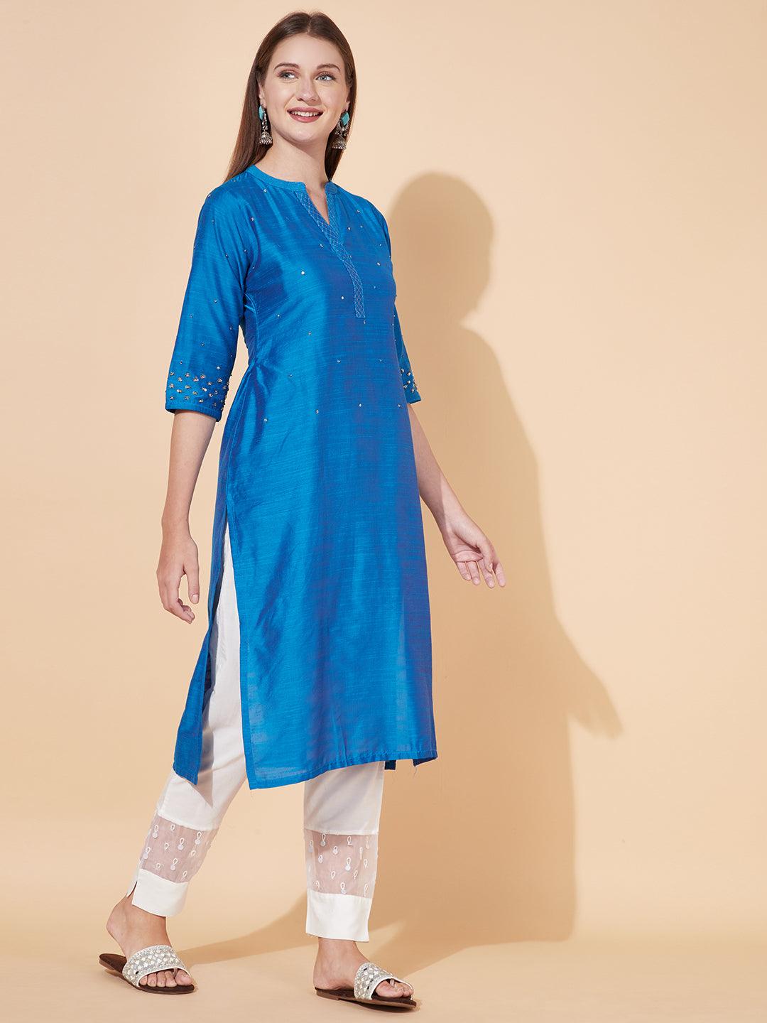 Ethnic Hand Embroidered Straight Fit Kurta - Blue - Indiakreations