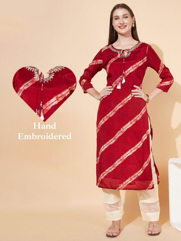 Ethnic Stripes Printed & Hand Embroidered Straight Fit Kurta - Maroon - Indiakreations