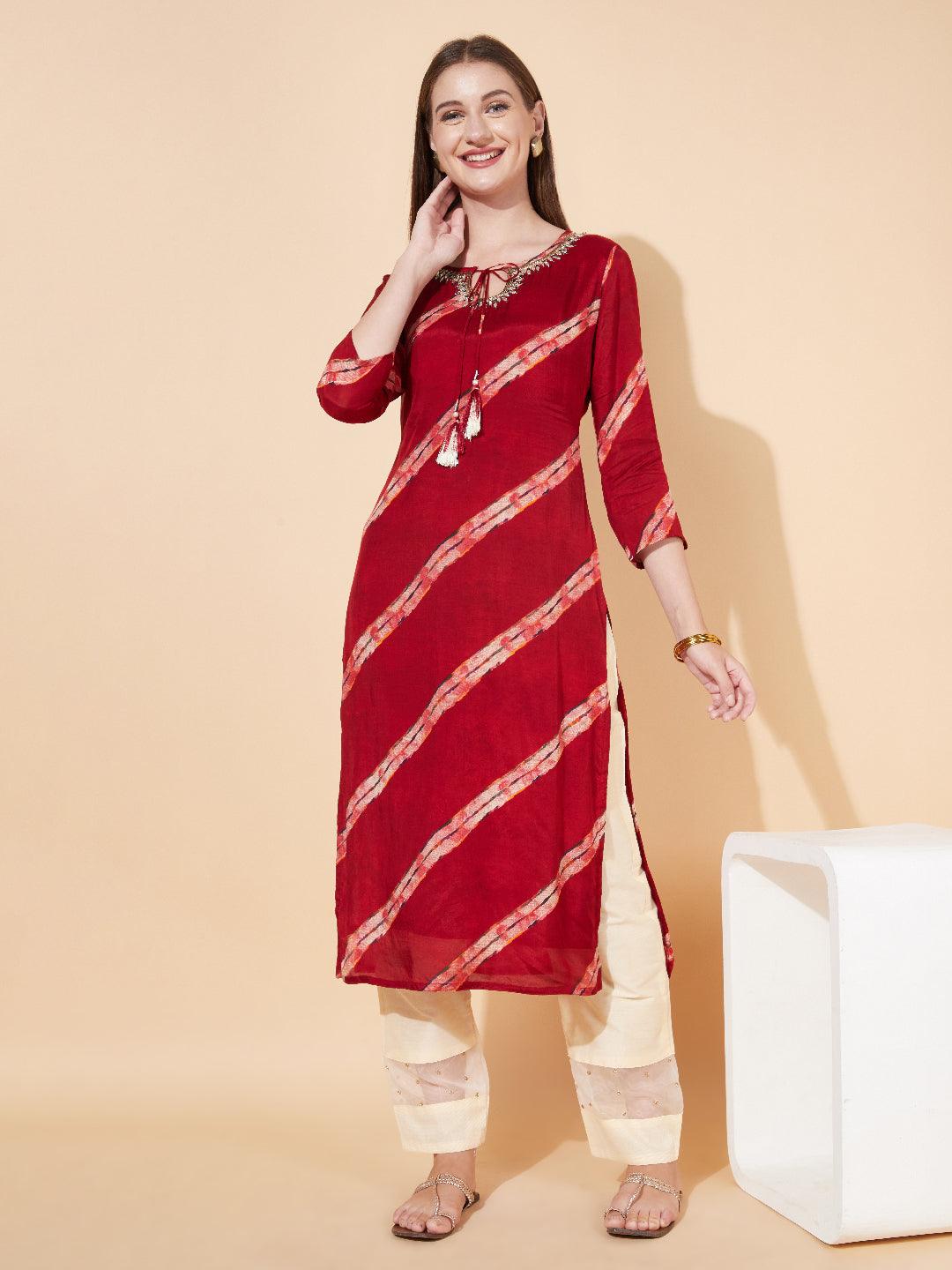 Ethnic Stripes Printed & Hand Embroidered Straight Fit Kurta - Maroon - Indiakreations