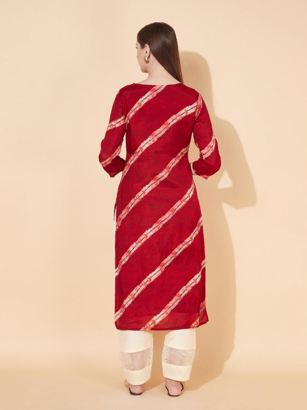 Ethnic Stripes Printed & Hand Embroidered Straight Fit Kurta - Maroon - Indiakreations