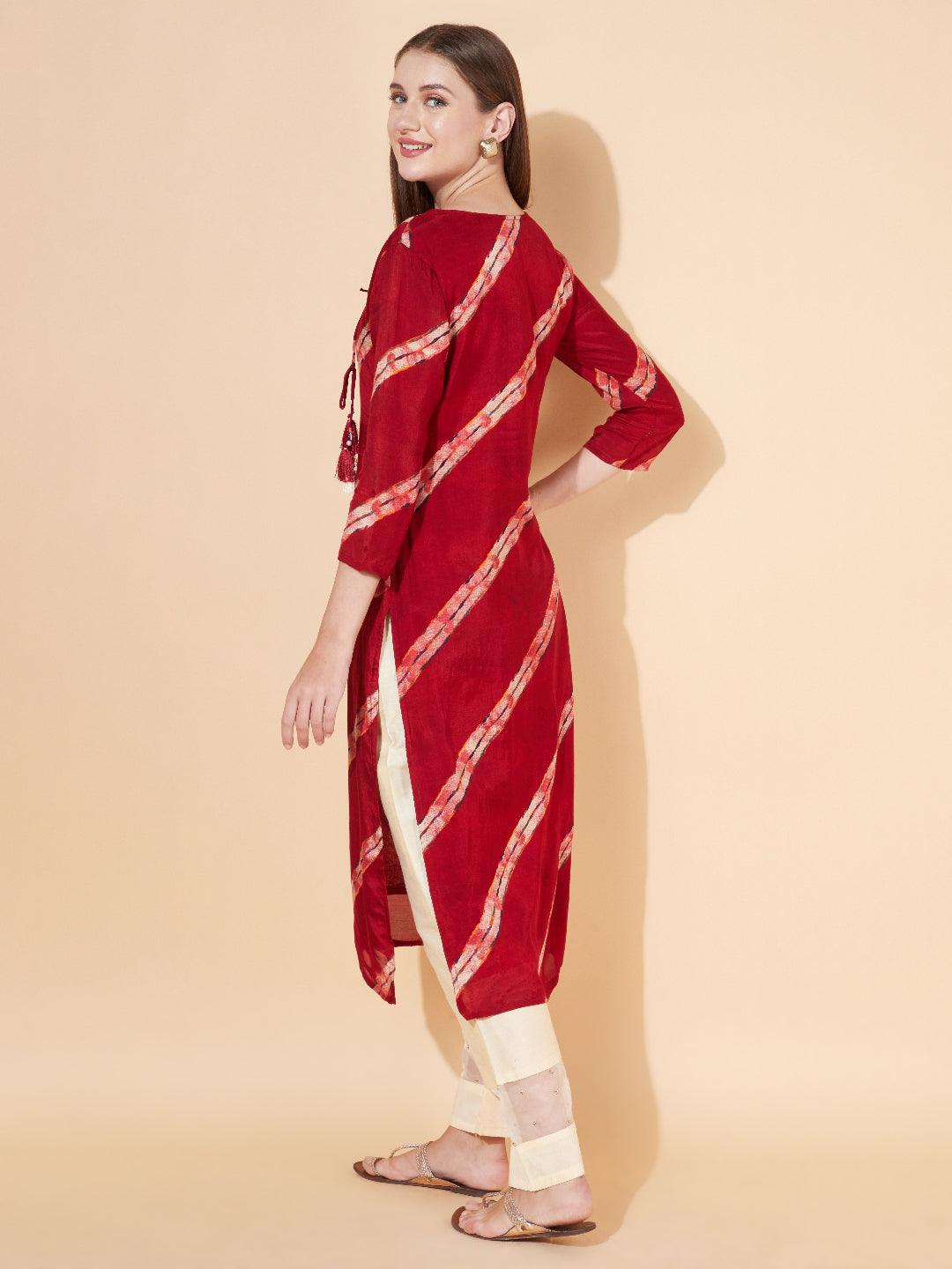 Ethnic Stripes Printed & Hand Embroidered Straight Fit Kurta - Maroon - Indiakreations