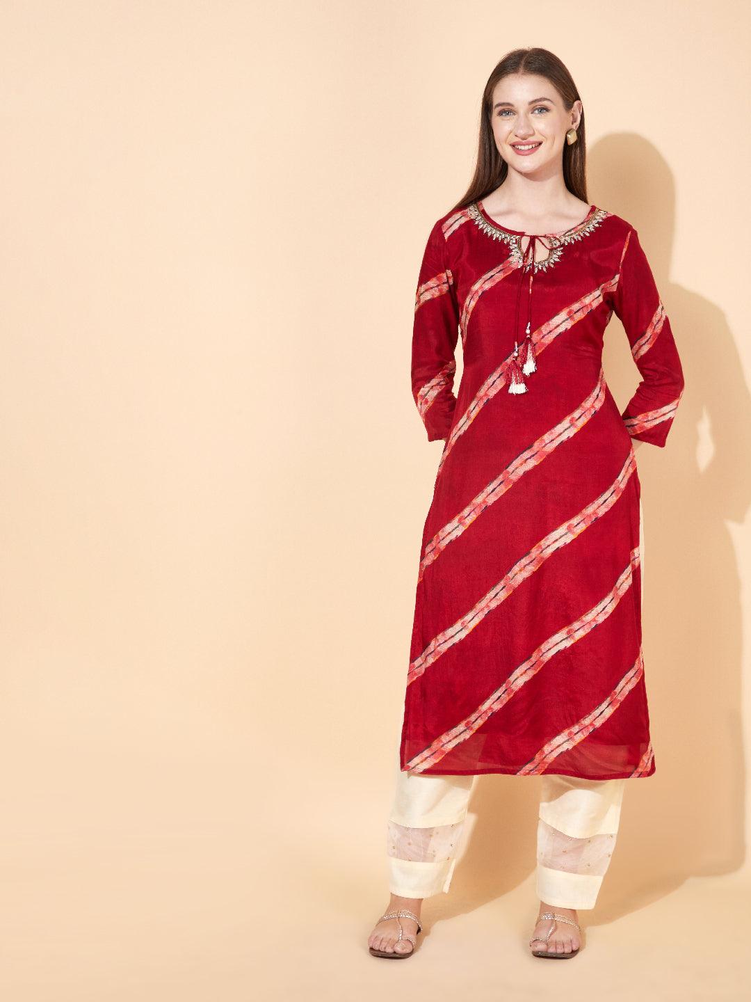 Ethnic Stripes Printed & Hand Embroidered Straight Fit Kurta - Maroon - Indiakreations