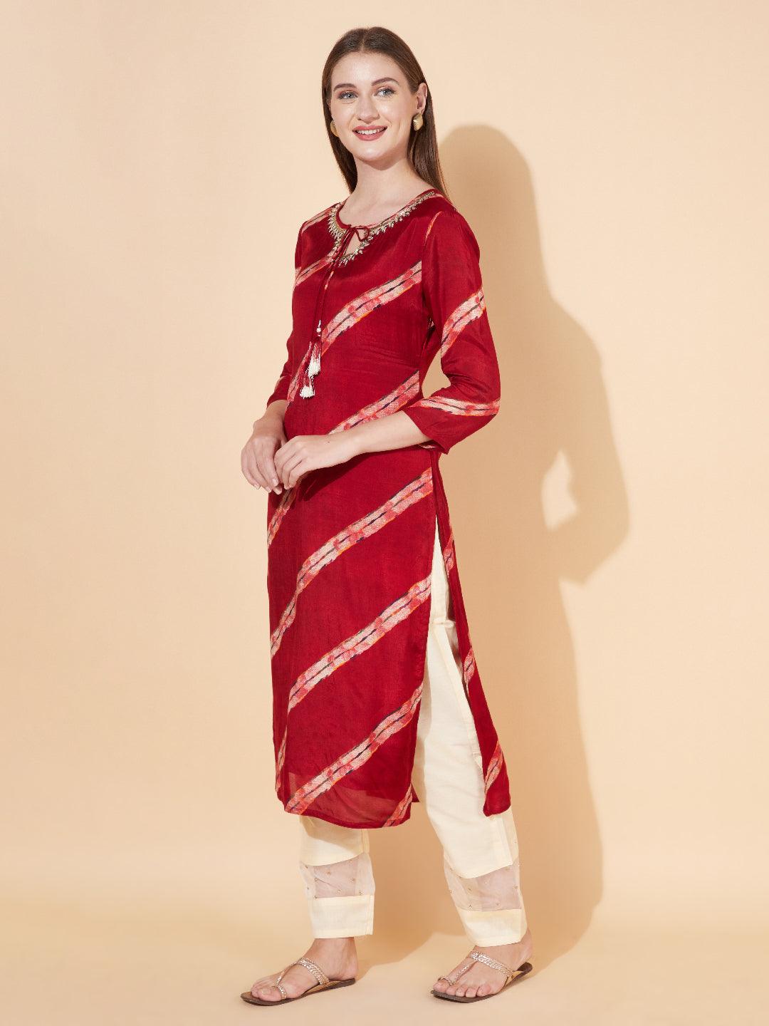 Ethnic Stripes Printed & Hand Embroidered Straight Fit Kurta - Maroon - Indiakreations