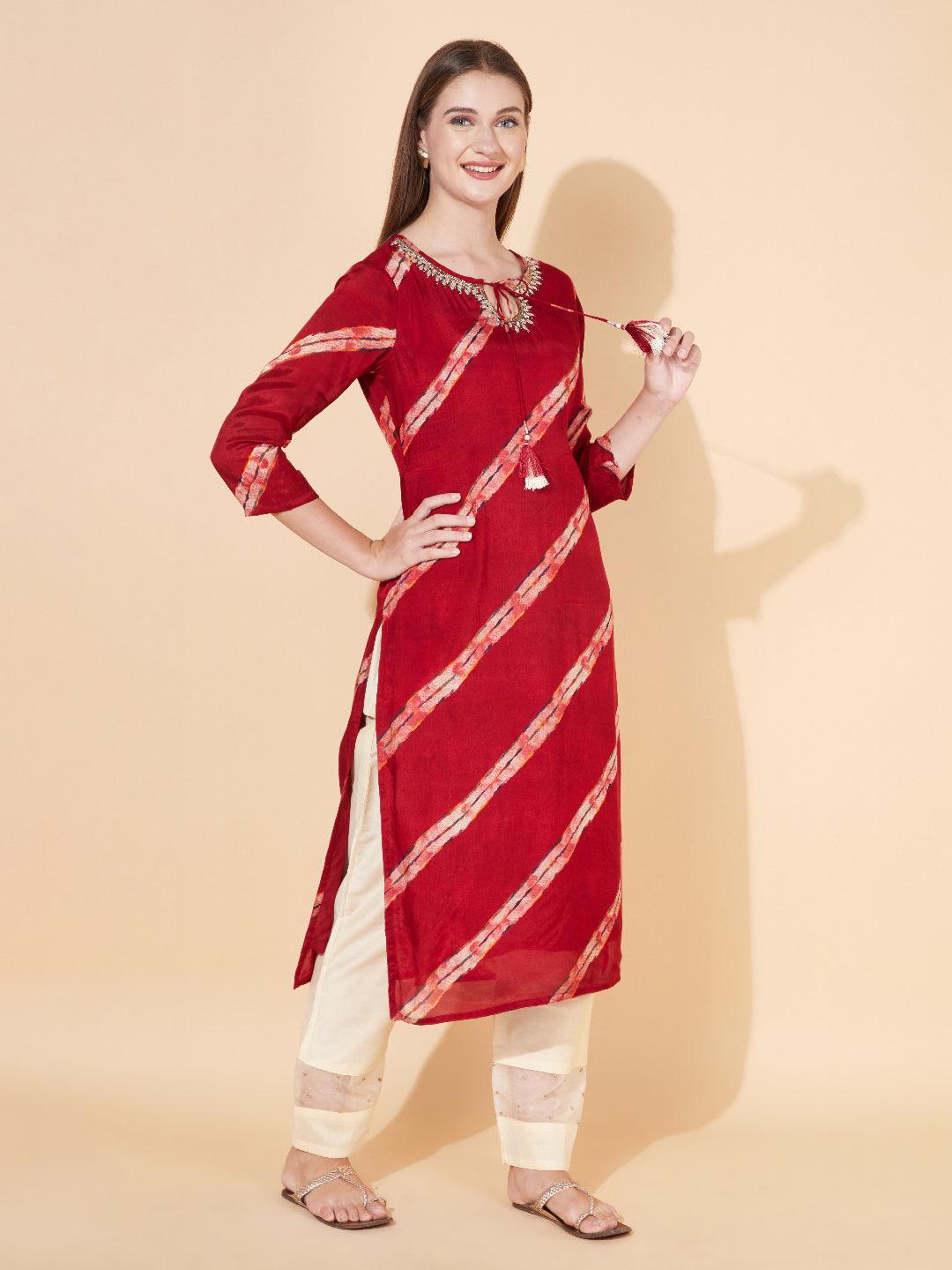 Ethnic Stripes Printed & Hand Embroidered Straight Fit Kurta - Maroon - Indiakreations