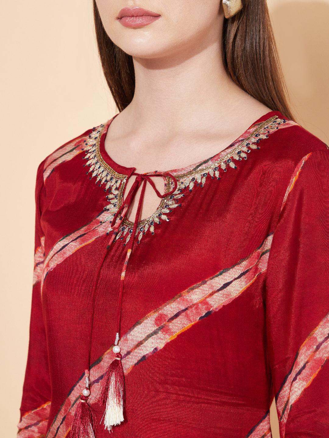 Ethnic Stripes Printed & Hand Embroidered Straight Fit Kurta - Maroon - Indiakreations