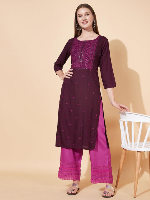 Ethnic Embroidered Straight Fit Kurta - Deep Wine - Indiakreations