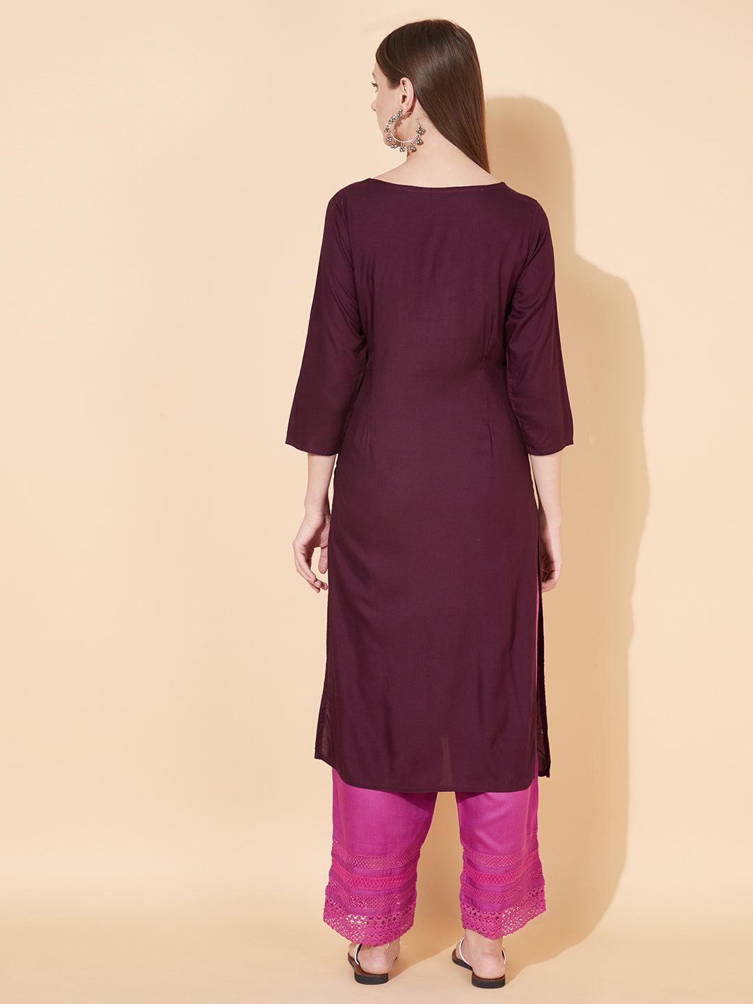 Ethnic Embroidered Straight Fit Kurta - Deep Wine - Indiakreations