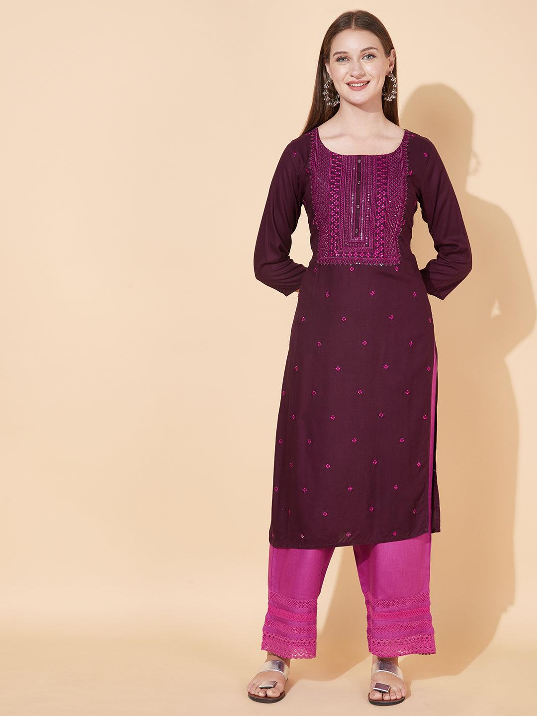 Ethnic Embroidered Straight Fit Kurta - Deep Wine - Indiakreations