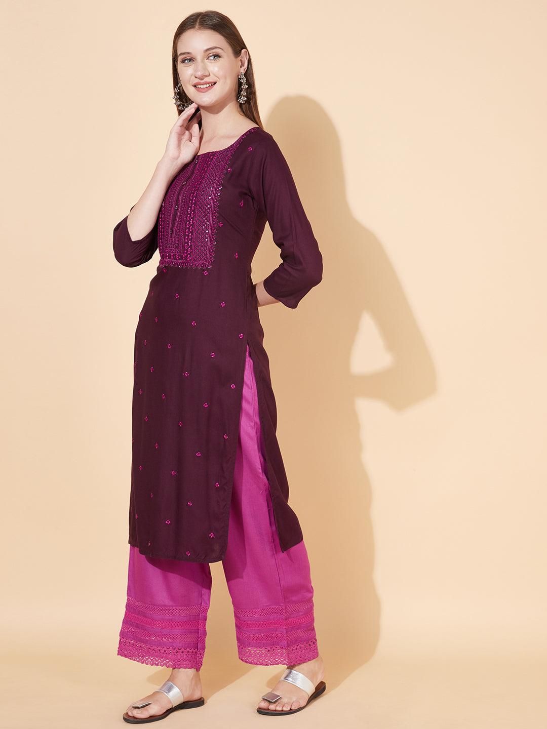 Ethnic Embroidered Straight Fit Kurta - Deep Wine - Indiakreations