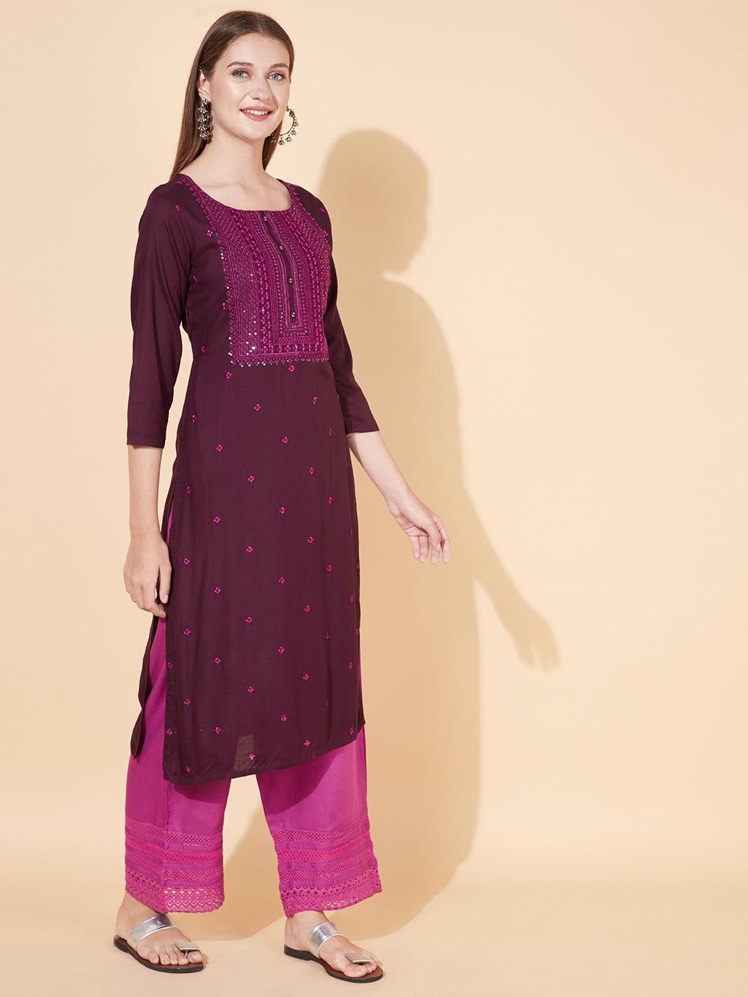 Ethnic Embroidered Straight Fit Kurta - Deep Wine - Indiakreations